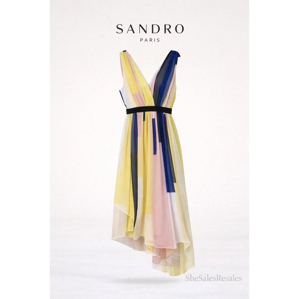 Sandro Paris Romance Chiffon Maxi Dress Size 3 US 6 Colorblock Asymmetrical Hem